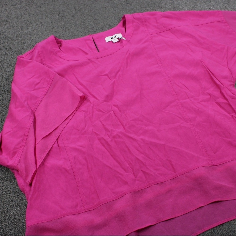 DKNY Womens Fuchsia Pink Layered Chiffon Hem Blouse Short Sleeve Top Size L